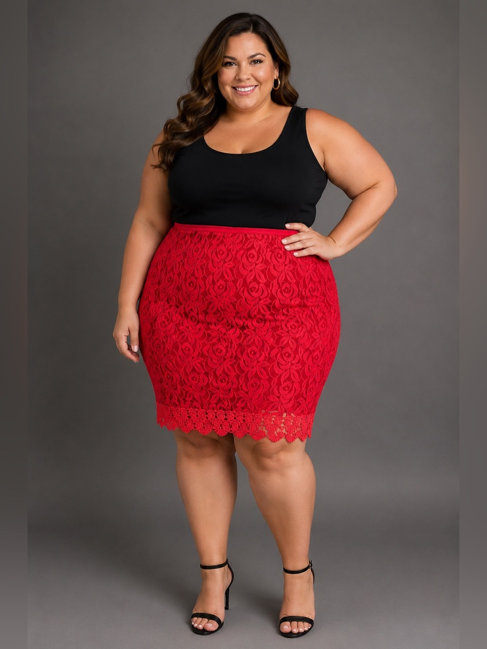 Monif C. Red Floral Rose Lace Pencil Skirt